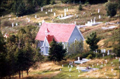 Aerial view of Mortuary Chapel, Trinity, Newfoundland; HFNL 2005