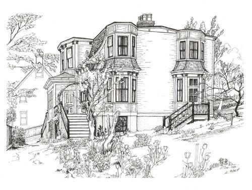 Pen and ink drawing of Angel House showing eastern and southern facades.; Newfoundland Historic Trust 2006