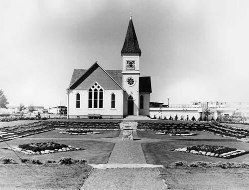 Exterior view of the Minoru Chapel with Pierrefonds Gardens in foreground; Richmond Archives photo no. 1978 27 10