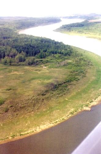 Aerial view looking north at site area on left bank of the South Saskatchewan River, near side of trees, 1999.; Margaret Kennedy, 1999.