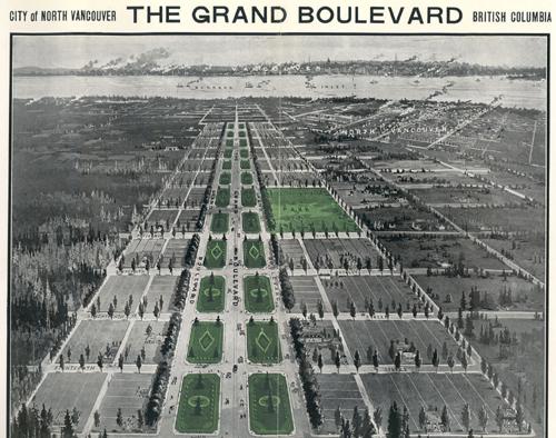 Drawing: Panoramic view of Grand Boulevard from an early advertisement.; North Vancouver Museum and Archives, #1908-2