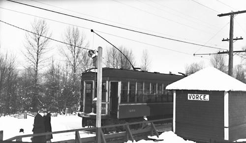 Vorce Station and Interurban No.1233 on the Burnaby Lake interurban line at the foot of Nursery Road, circa 1952.; Burnaby Village Museum Collection, BV.988.20.2