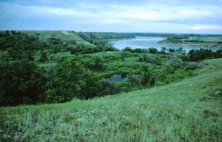 View of Opimihaw Valley at its confluence with the South Saskatchewan River, 1991.; Government of Saskatchewan, Frank Korvemaker, 1991.