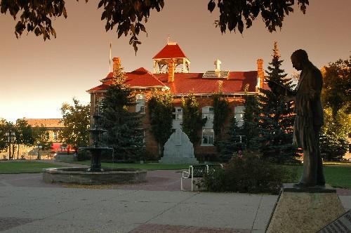 Looking north with landscaped civic space in foreground, 2004.; Government of Saskatchewan, Calvin Fehr, 2004.