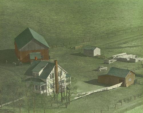 This photograph presents the house and original buildings of the farm.; Village of Saint-Quentin