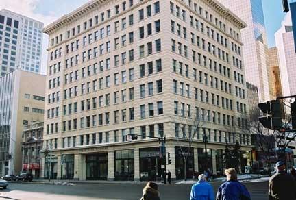 View of the McLeod Building from the northeast showing the lower part of the two main, terracotta-clad facades. The Chicago-style influence is apparent in the tri-partite arrangement of base, shaft and capital in the facade composition. (2004); City of Edmonton, 2004
