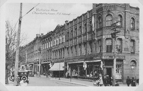 Postcard image looking up Victoria Row with Stamper Block on far right; Province of PEI, Courtesy Doug Murray, Postal Historian