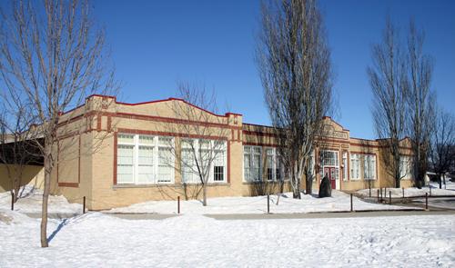 View of main elevation from the southwest of Maple Leaf School, Morden, 2005; Historic Resources Branch, Manitoba Culture, Heritage, Tourism and Sport, 2005