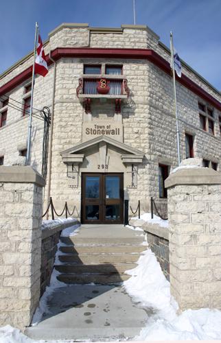 View of the entrance with emphasis of the elevated site that symbolizes the importance of the Stonewall Town Hall, Stonewall 2005; Historic Resources Branch, Manitoba Culture, Heritage & Tourism