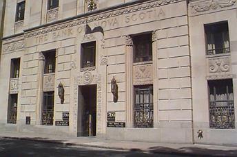 Main entrance on Hollis Street showing decorative sandstone carvings, Bank of Nova Scotia Building, Halifax, 1997.; HRM Planning and Development Services, Heritage Property Program, 1997.