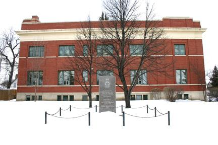 View of east elevation and the commemorative stone tablet at the Memorial Hall, Carman 2005; Historic Resources Branch, Manitoba Culture, Heritage, Tourism and Sport, 2005