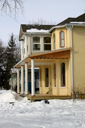 Detail view of the verandah of the Winkler House, Gretna, 2005; Historic Resources Branch, Manitoba Culture, Heritage, Tourism and Sport, 2005