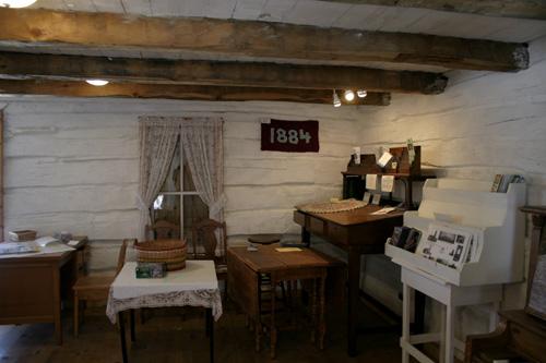 View of the interior of the Log Cabin, Manitou, 2005; Historic Resources Branch, Manitoba Culture, Heritage, Tourism and Sport, 2005