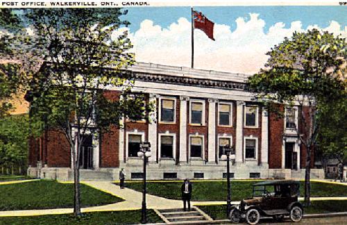 Contrary to this postcard's depiction, the building is constructed of buff brick and cast concrete.; City of Windsor Collection