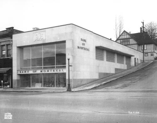 Historic exterior view of the Bank of Montreal, nd; New Westminster Public Library, NWPL, 1548