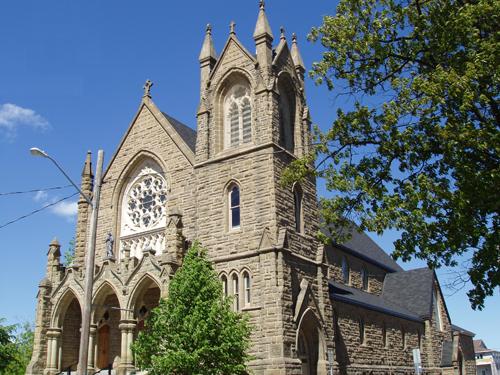 St. Bernard's Church as seen from the southwest at the corner of Botsford Street and Queen Street.; Moncton Museum