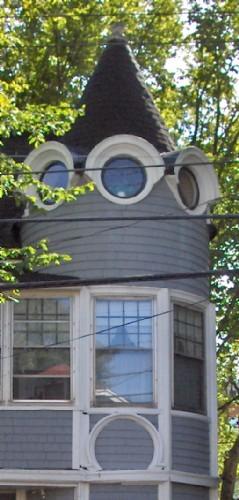 Showing detail of turret with roundel windows; City of Charlottetown, Natalie Munn, 2005