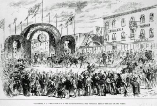 Showing Dodd and Rogers Hardware at right; "Canadian Illustrated News," Vol. VIII, No. 7, 104 (August 16, 1873)