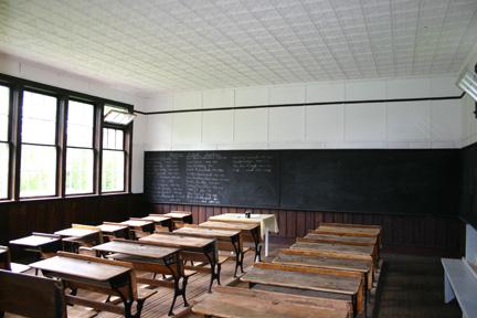 View of the classroom interior of the Marconi School, south of Riding Mountain National Park, 2005; Historic Resources Branch, Manitoba Culture, Heritage & Tourism 2005