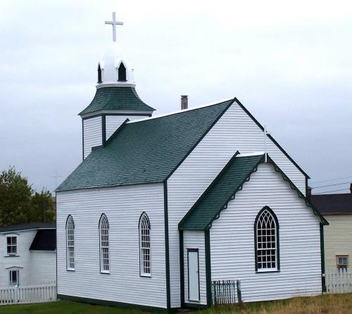 Exterior photo, rear and right facades, Church of the Most Holy Trinity, Trinity, NL; HFNL/ Andrea O'Brien 2005
