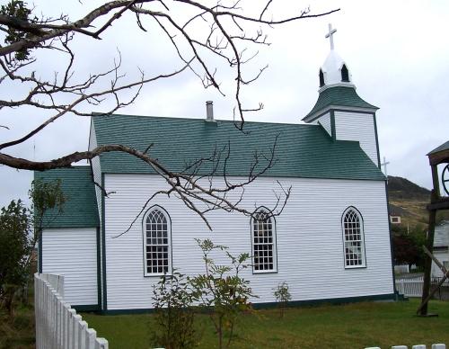 Exterior photo, left facade, Church of the Most Holy Trinity, Trinity, NL; HFNL 2005