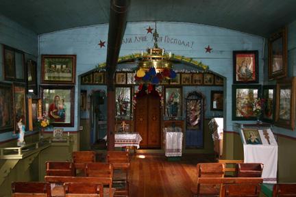 View of the narthex and nave of St. Michael's Ukrainian Greek Orthodox Church, near Gardenton, 2005; Historic Resources Branch, Manitoba Culture, Heritage, Tourism and Sport, 2005