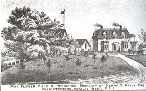 Engraving showing the house on the right and former mill buildings on the left; Meacham's Illustrated Historical Atlas of PEI, 1880