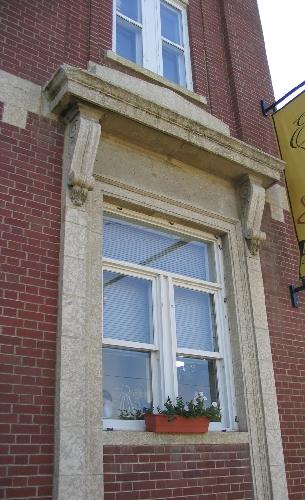 Close-up view of Tyndall Stone used in the original, pedimented entryway, 2004.; Government of Saskatchewan, Jennifer Bisson, 2004.