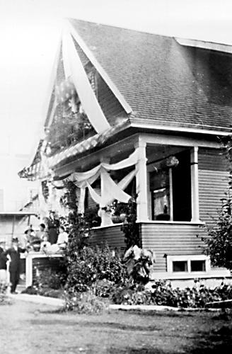 Exterior view of the Patterson House, 1912, Decorated for visit of Canadian Governor General, Duke of Connaught; Burnaby Historical Society Archives, BHS 171.7