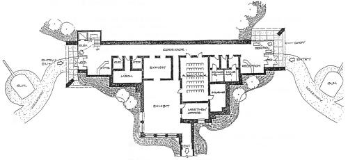 Proposed main floor plan of the Argentia Military Heritage Centre, utilizing the 282 Coastal Defence Battery site, showing placement of guns.; Beaton Sheppard Associates Ltd. 2005