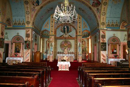 View of nave and sanctuary of the Historic Ukrainian Catholic Church of the Resurrection, Dauphin, 2005; Historic Resources Branch, Manitoba Culture, Heritage, Tourism and Sport, 2005