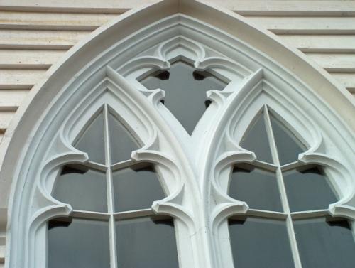 Window detail, St. Joseph's Roman Catholic Church, Bonavista, taken in the summer of 2004.; HFNL 2005