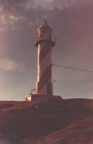 View of the exterior of the Light Tower, showing the simple, well-proportioned massing of the tower which consists of a smooth tubular form composed of a base, shaft, lantern platform and lantern, sculpted cap and prominent weathervane, 1989.; Parks Canada Agency / Agence Parcs Canada, 1989.