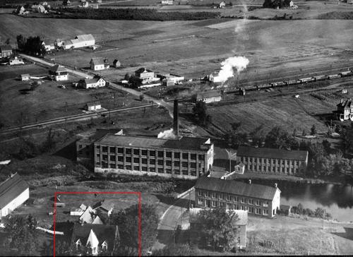 This image shows the Humphrey residence (marked in red) which was located on the southern end of the J. A. Humphrey & Son woolen mill.; Moncton Museum