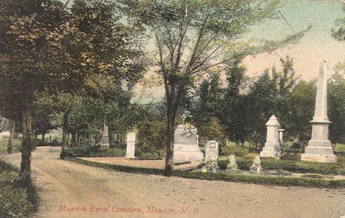 This c1885 postcard view of the former Moncton Rural Cemetery's oldest section was taken near the property's southern gates.; Moncton Museum