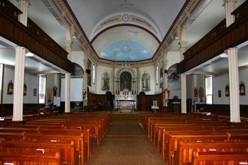 View down the nave of St. Joachim Roman Catholic Church, La Broquerie, 2005; Historic Resources Branch, Manitoba Culture, Heritage, Tourism and Sport, 2005
