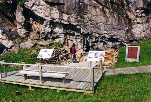 Fleur de Lys Dorset Soapstone Quarry, locality 1, showing view of rock face with extraction scars visible, Fleur de Lys, Newfoundland.