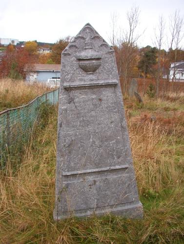 South facing oblisk, located in the corner of the cemetery.  Inscription has mostly eroded but ornamentation is still visible.  Photo taken November 1, 2005.; HFNL/ Deborah O'Rielly 2005.