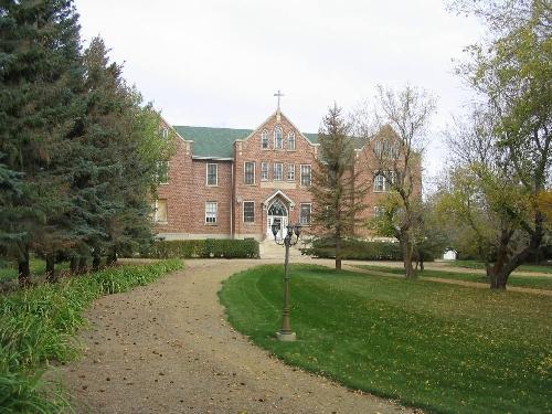 View of front elevation, showing landscaped courtyard in foreground, 2004.; Government of Saskatchewan, Jennifer Bisson, 2004.