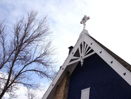 View of the west peak of the Griswold United Church, Griswold, 2005; Historic Resources Branch, Manitoba Culture, Heritage and Tourism, 2005