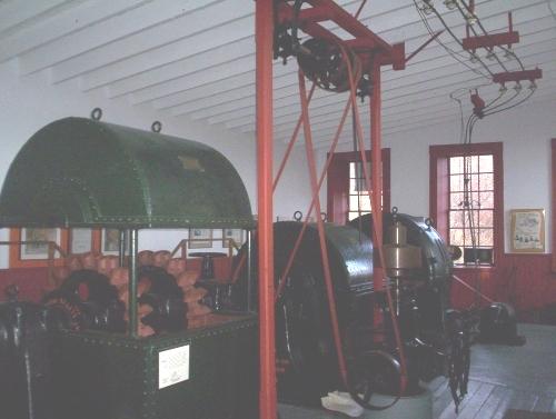 Interior view of Victoria Hydro-Electric Station showing wheel turbines 1 and 2.  Photo taken December 2005.; HFNL/ Dale Jarvis 2005.