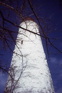 Detail of Point Clark lighthouse demonstrating the high-quality masonry work, comprised of hammer-dressed local limestone cladding of the exterior, which creates a rustic appearance, 1972.; Parks Canada Agency / Agence Parcs Canada1 1972