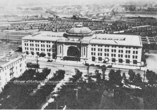 Aerial view of Union Station/Winnipeg Railway Station, showing the axial symmetry of its plan and the use of classical elements on a heroic scale, 1920.; Archives of Manitoba/Archives du Manitoba, 1920.