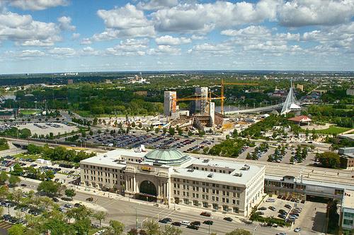 Aerial view of Union State / Winnipeg Railway Station, showing the spatial relationship between its main components, 2010.; Green Winnipeg, Trevor, September 2010.