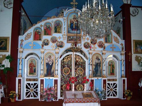 Interior view, of the iconostas, of St. John the Baptist Ukrainian Catholic Church, Menzie area, 2005; Historic Resources Branch, Manitoba Culture, Heritage, Tourism and Sport, 2005