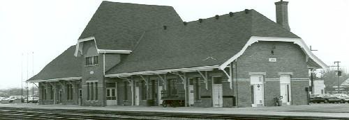 General view the VIA Rail Station, showing a façade, 1994.; Heritage Research Associates Inc., M. Carter, 1994.