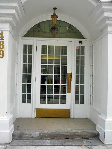 Detail view of the Jeanne D'Arc Institute showing the gabled front entrance, 2011.; Parks Canada Agency / Agence Parcs Canada, M. Therrien, 2011.