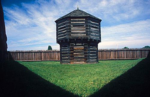 General view of the Octagonal Blockhouse showing the octagonal, two-storey massing, 1974.; Parks Canada Agency / Agence Parcs Canada, 1974.