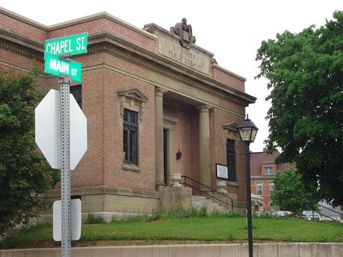 View of the library from the corner of Chapel and Main Street.; Carleton County Historical Society