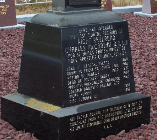 Inscription on grave stone of Father Charles McCarthy, who was served as priest in Renews for 37 years. Photo taken November, 2005.; HFNL 2005/Andrea O'Brien